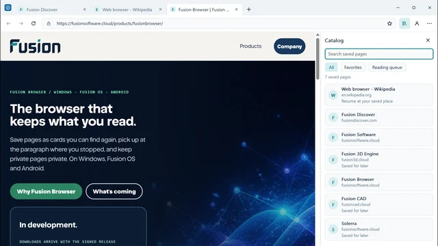 Fusion Browser on Windows: tabs in the title bar, a page open, and the catalog of saved pages beside it