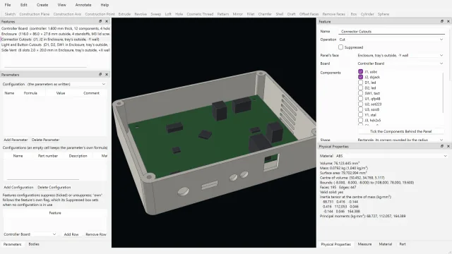 Screenshot of Fusion CAD: an enclosure fitted round a circuit board