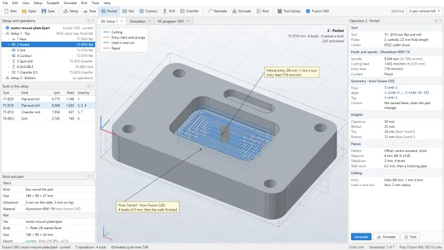 Fusion CAM design mockup with illustrative data