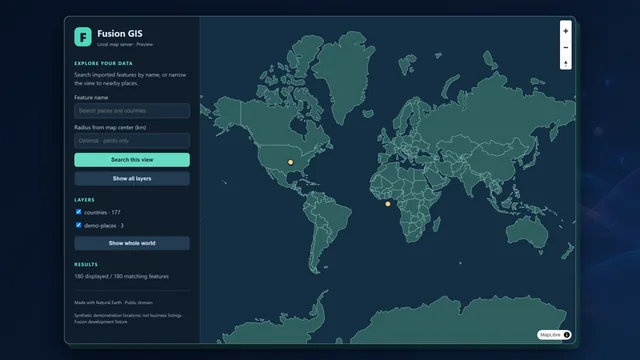 Fusion GIS’s browser preview in a development build