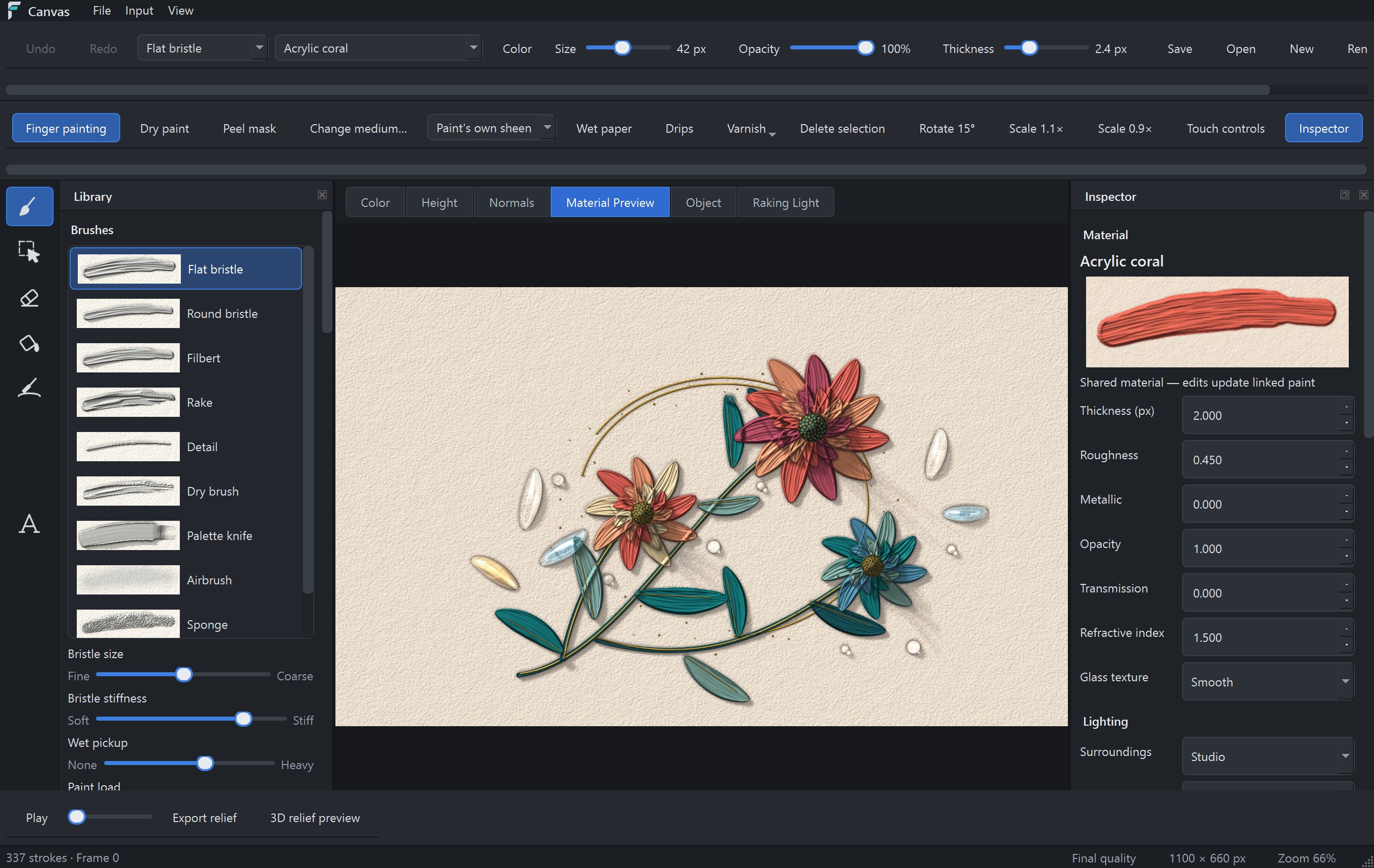 Fusion Canvas with a botanical design in textured paint, metallic gold and clear and colored glass; the brush library and material controls are visible.