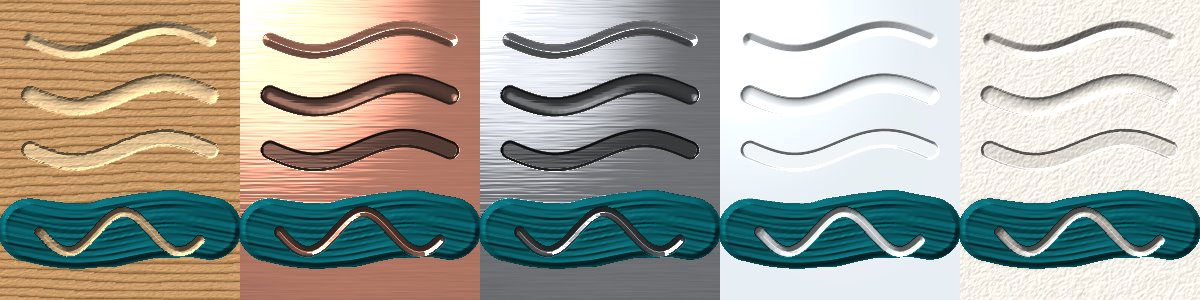 Grooves carved with three bits into wood, copper, steel, glass and paper, with a scratch cut through teal paint on each.