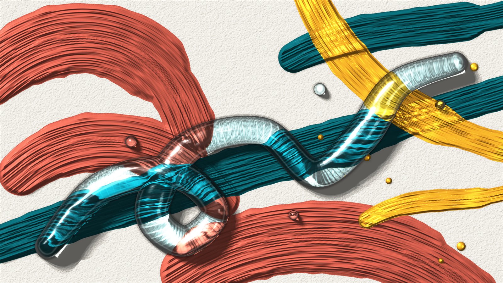 Render final de la pintura: acrílico coral y verde azulado con trazos y gotas de oro sobre papel texturizado, y un lazo grueso de vidrio líquido transparente que amplía la pintura que tiene debajo y proyecta una sombra suave.