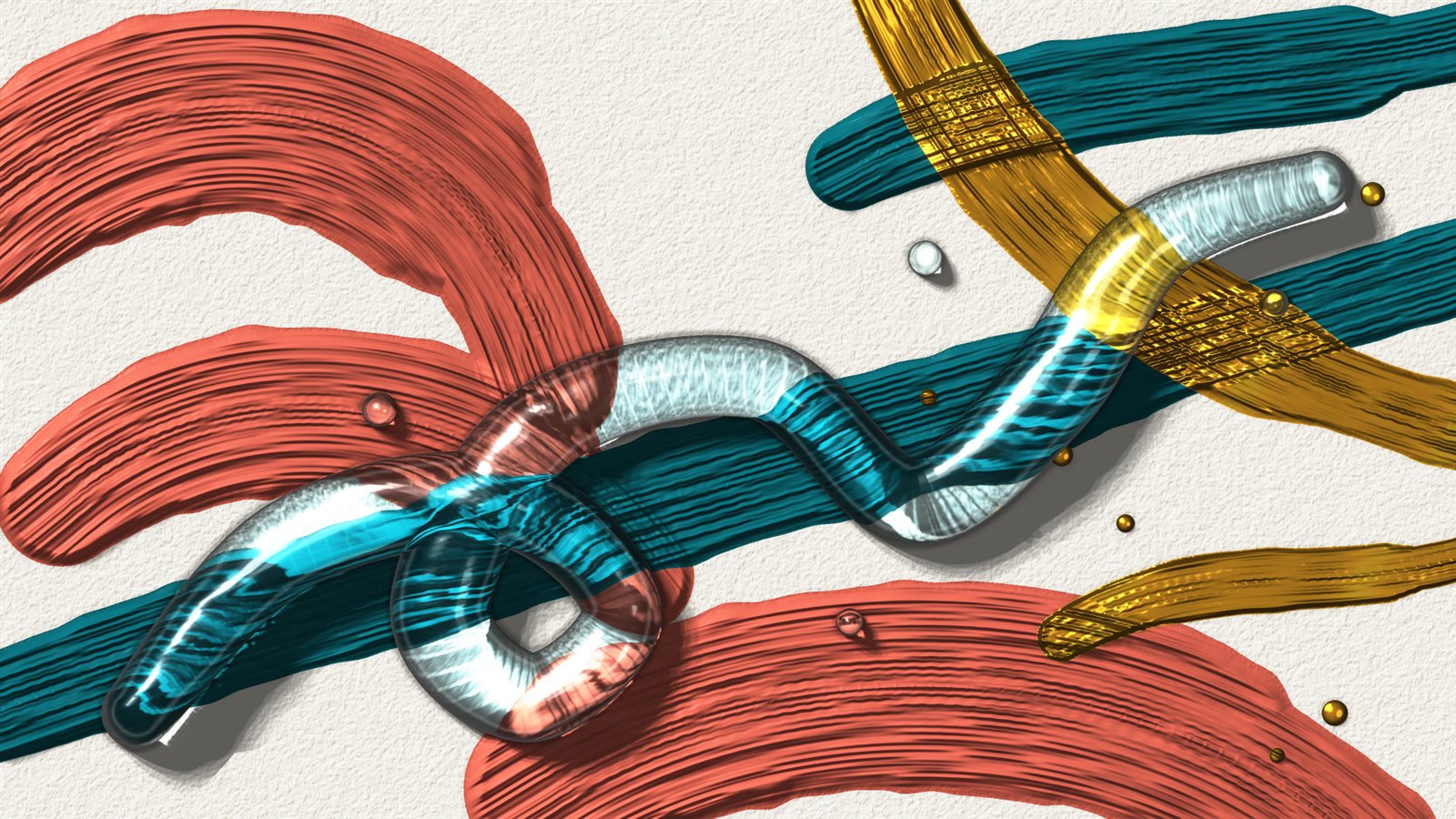 Final render of the painting: coral and teal acrylic with gold strokes and droplets on textured paper, and a thick loop of clear liquid glass that magnifies the paint beneath it and casts a soft shadow.