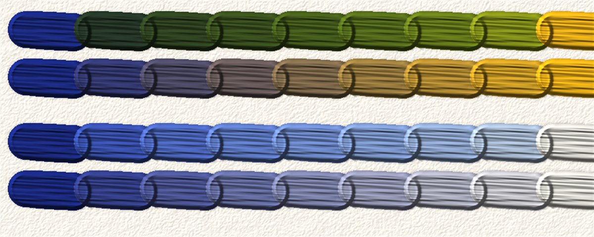 Azul ultramar mezclado con amarillo de cadmio pasando por verdes, y con blanco de titanio volviéndose azul cielo, cada uno sobre una mezcla plana de color que se vuelve gris.