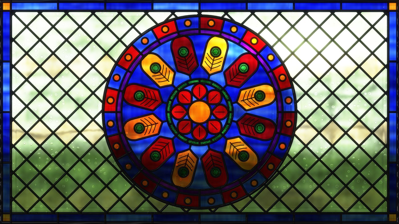 Final render of a leaded rose window: ruby and gold lancets with painted veins and emerald roundels on cobalt glass, a violet band and a ring of roundels, set among pale glass diamonds through which a garden, bare branches and the sun show blurred.
