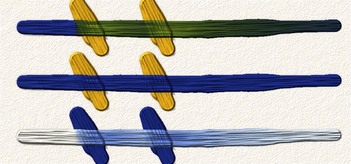 Trazos azules arrastrados sobre amarillo húmedo que se vuelven verdes, el mismo trazo sobre amarillo seco que sigue azul, y blanco arrastrado sobre azul húmedo.