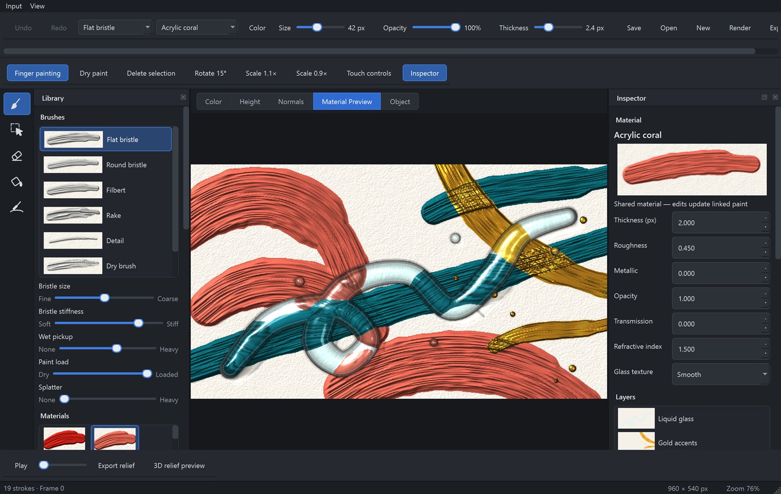 The FUSION: Canvas workspace with a brush and material library, a coral and teal acrylic painting with gold accents and a liquid-glass stroke, and the material inspector with layers.