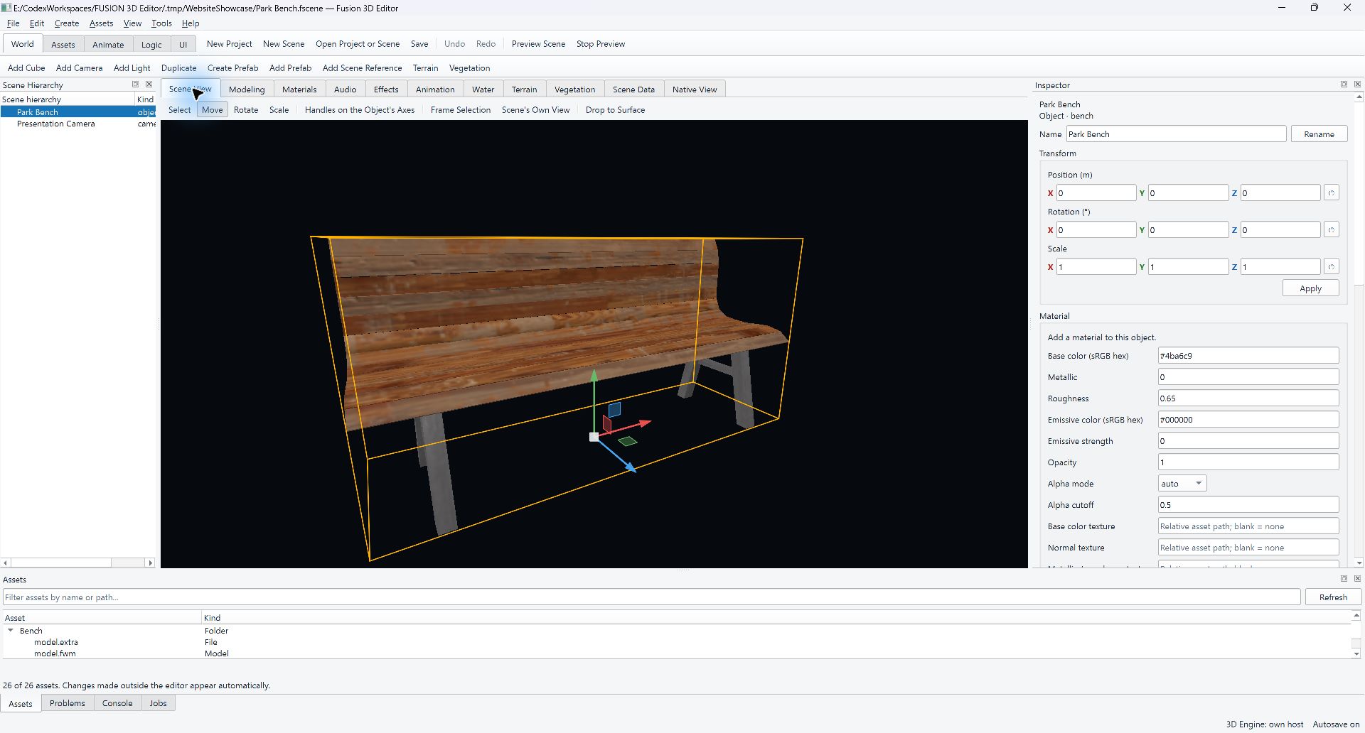 Fusion 3D Editor with a textured park bench in the live Scene View, transform handles, scene hierarchy, asset browser and Inspector