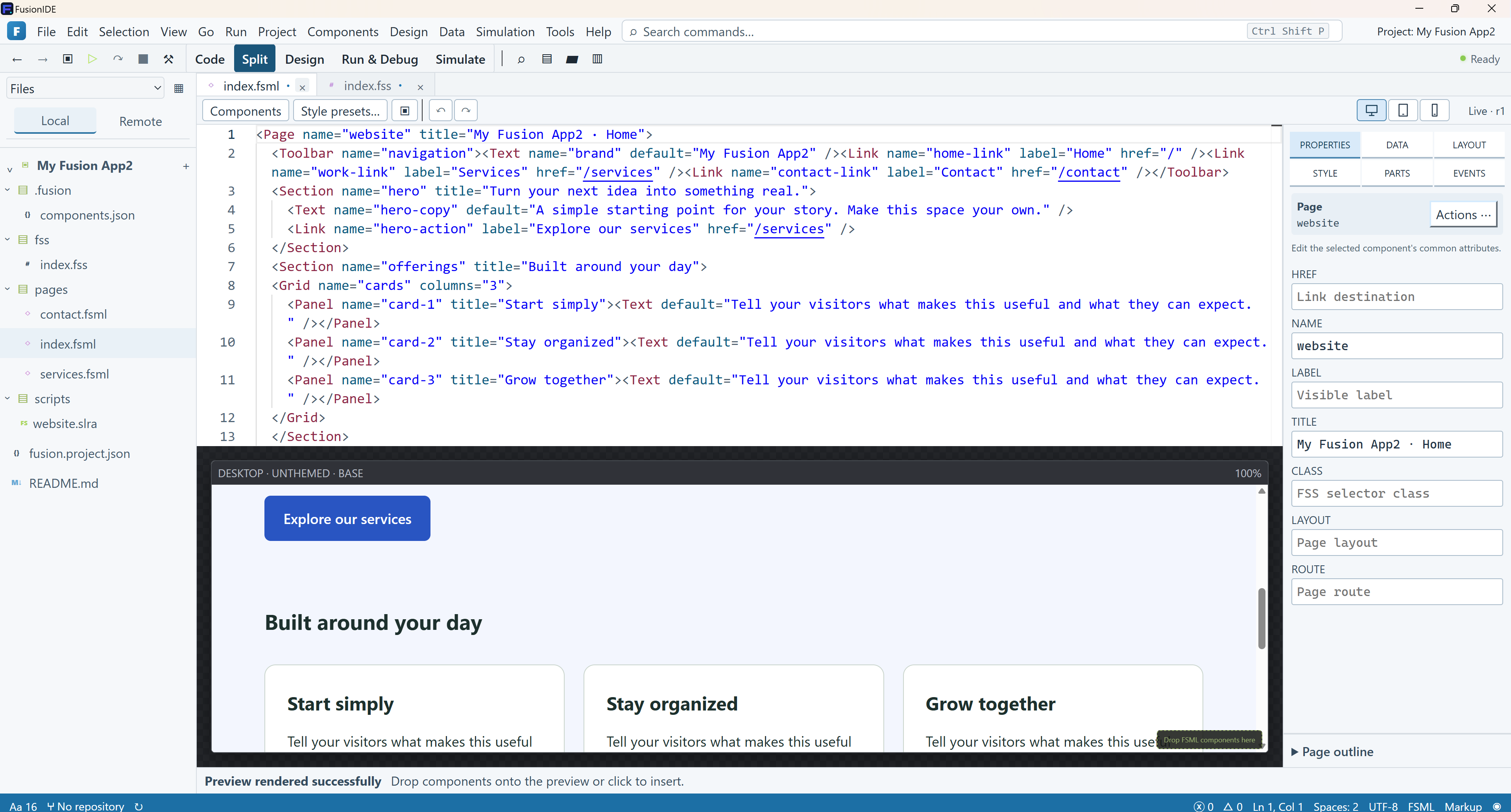 FUSION: IDE con editor FSML, vista previa del sitio web y controles de propiedades