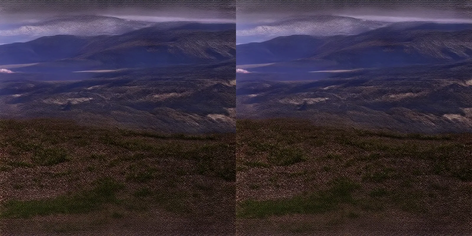 Verified FUSION: 180 VR stereoscopic mountain reconstruction shown as matched left- and right-eye views