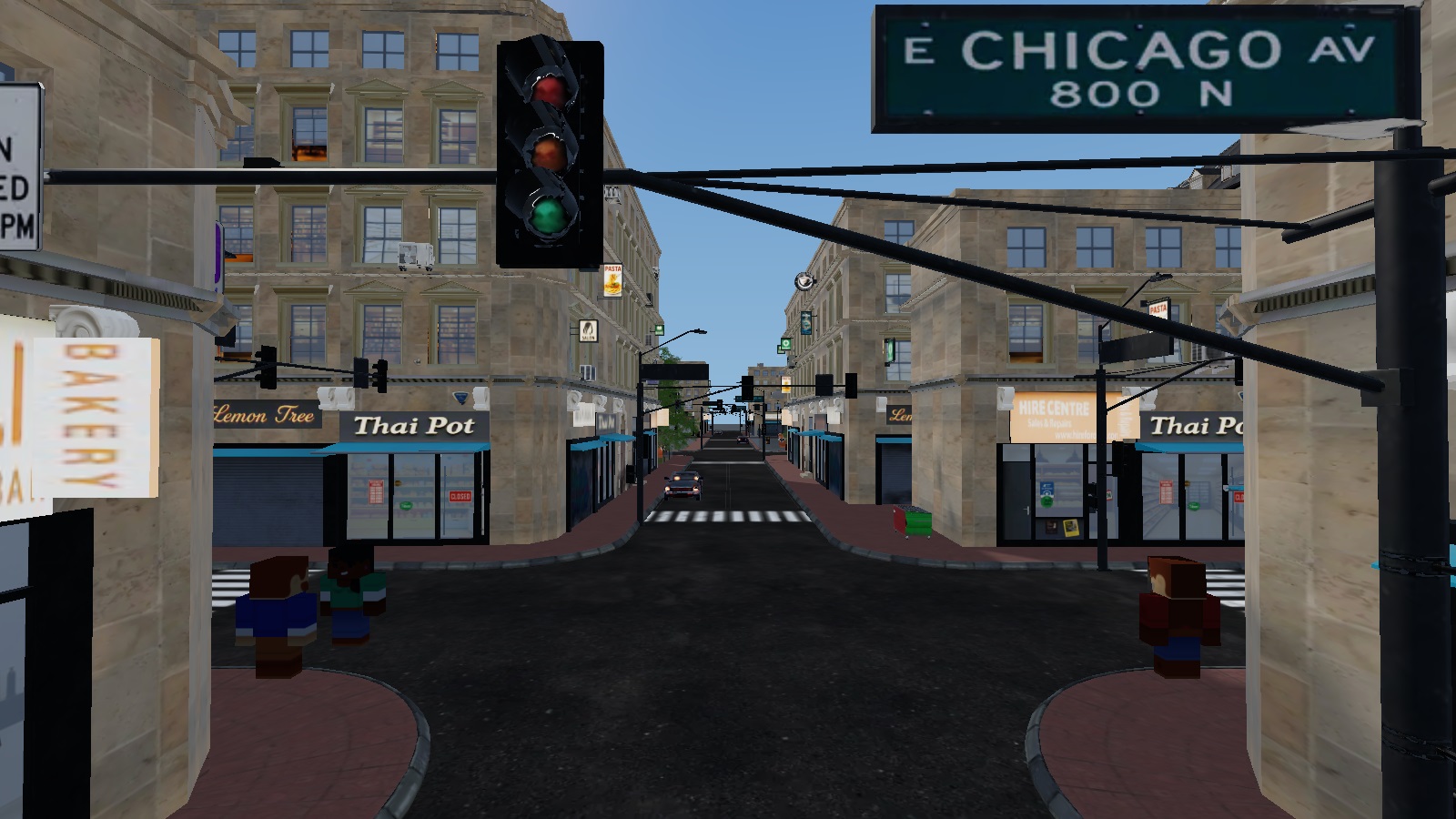 Escena del centro urbano capturada en FUSION: 3D Engine para Windows, con comercios y tráfico