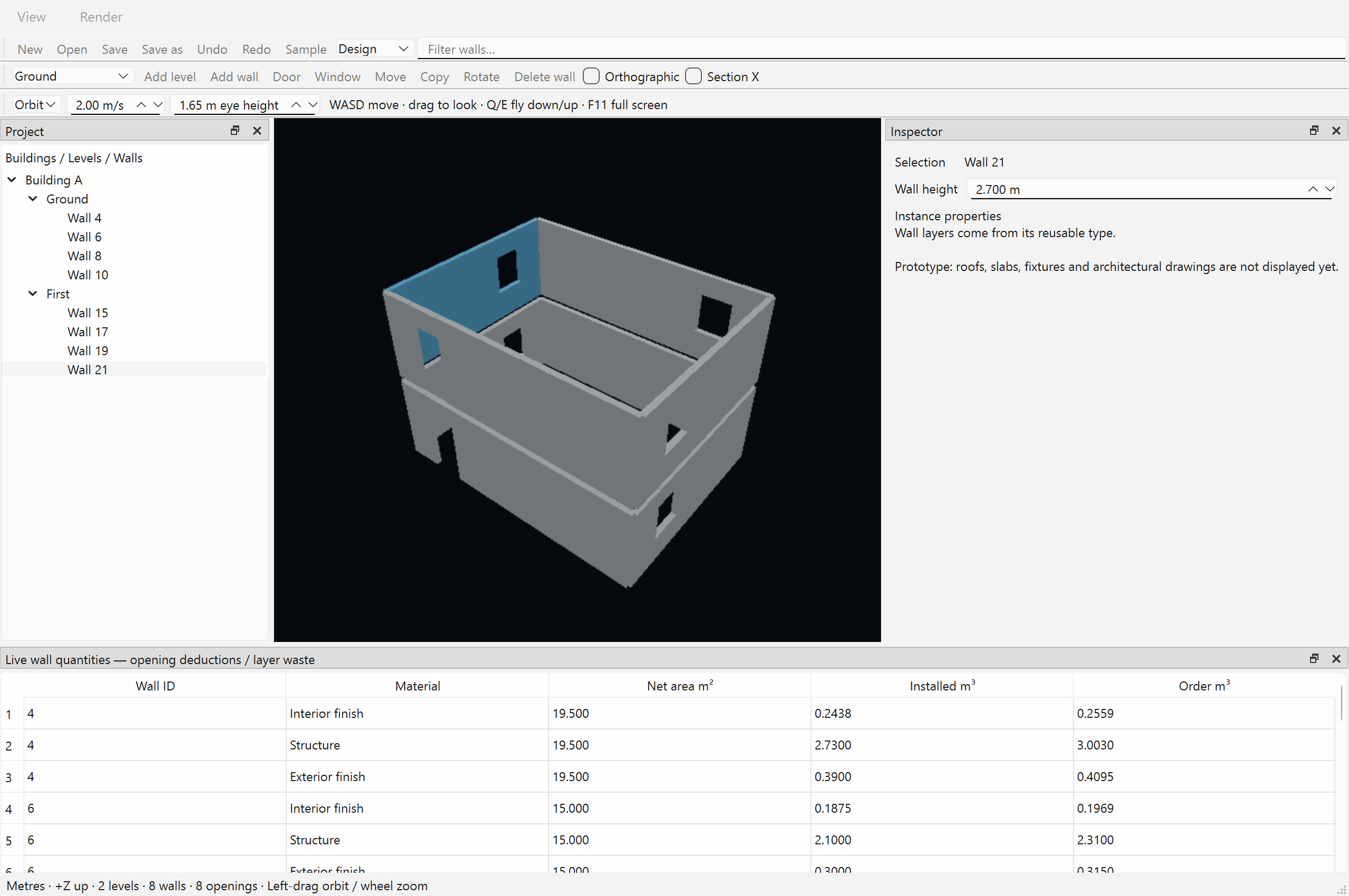 Fusion Architect development build showing a two-level wall study, hosted openings, the wall inspector and live wall-layer quantities
