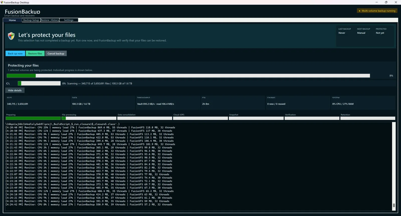 FUSION: Backup desktop showing an active protected-data job