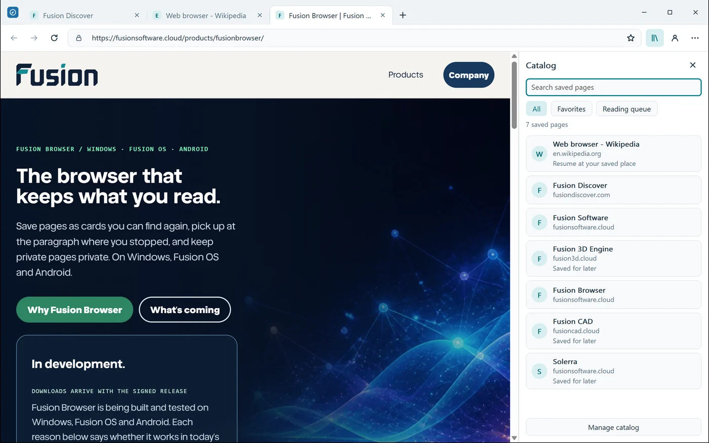 Fusion Browser on Windows: tabs in the title bar, a page open, and the catalog of saved pages beside it