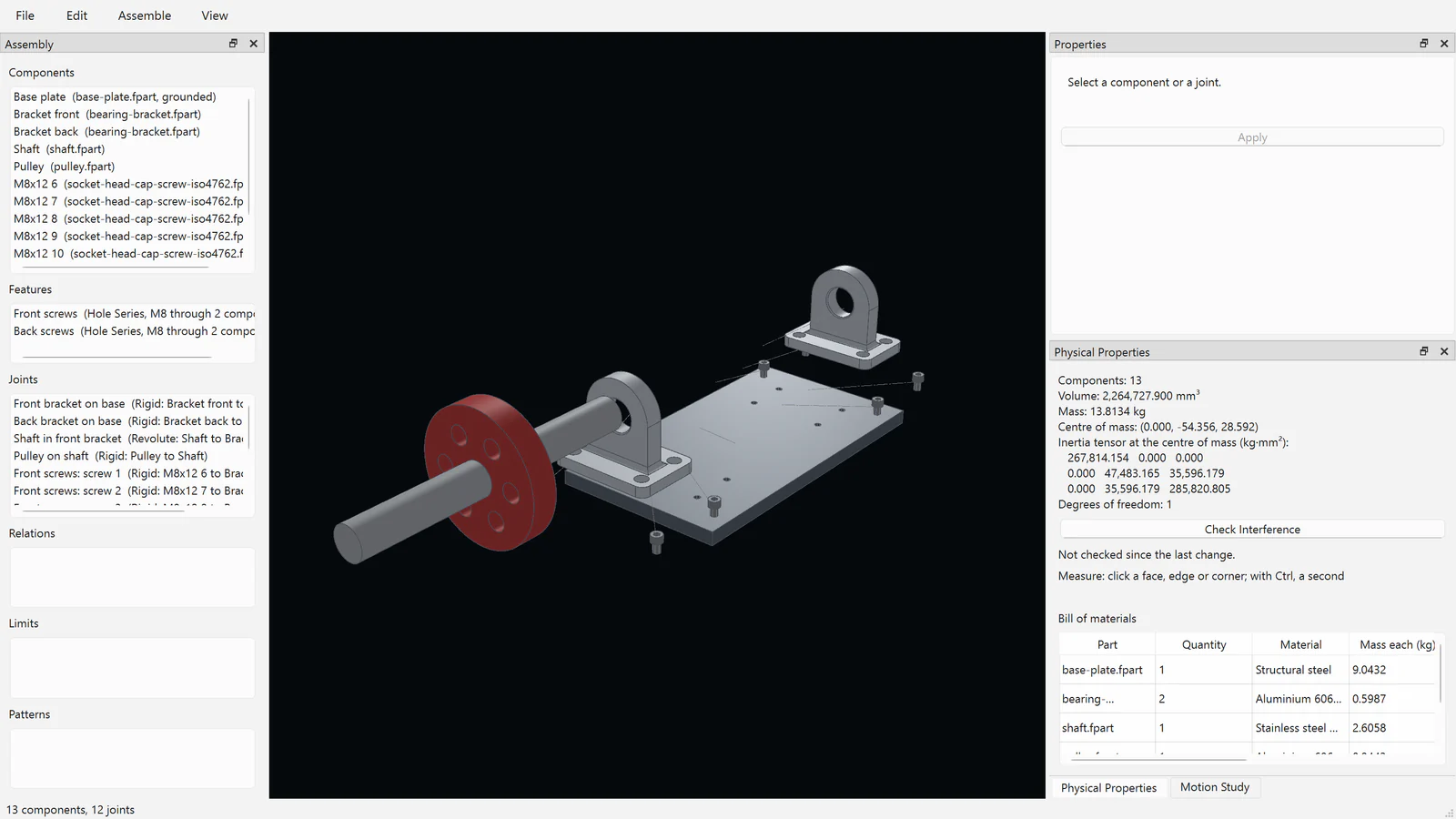 The assembly window with a shaft unit exploded: a base plate, two bearing brackets, a shaft, a pulley and eight M8 socket head cap screws inserted by hole series, with trails, joints and a bill of materials