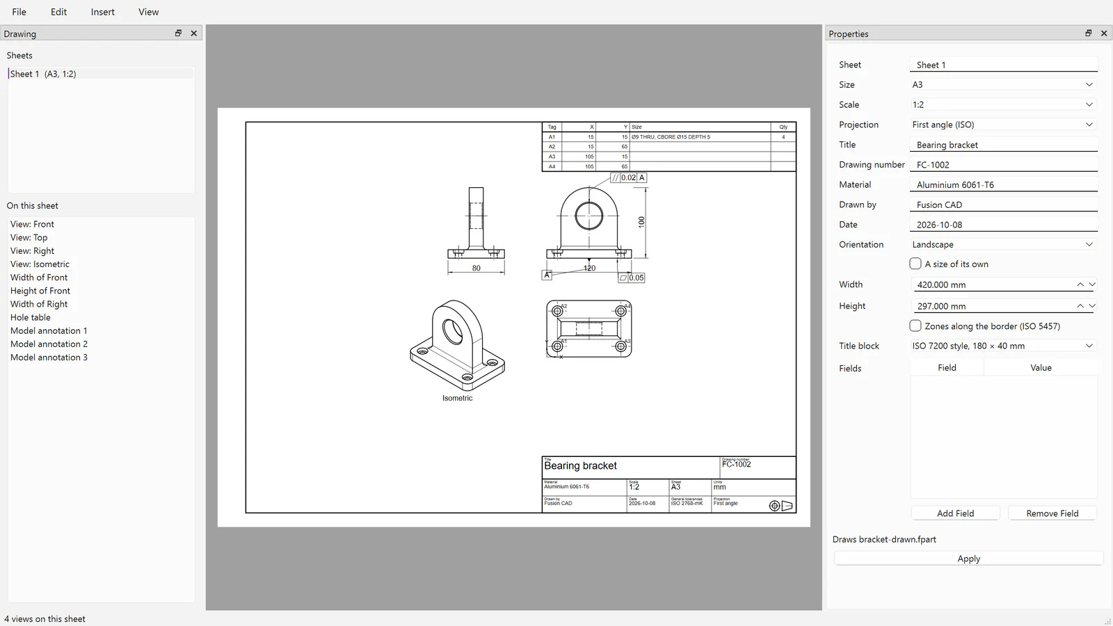 The drawing window with an A3 sheet of the bracket: front, top, right and isometric views, overall dimensions, a datum, flatness and parallelism frames, a hole table and an ISO 7200 title block