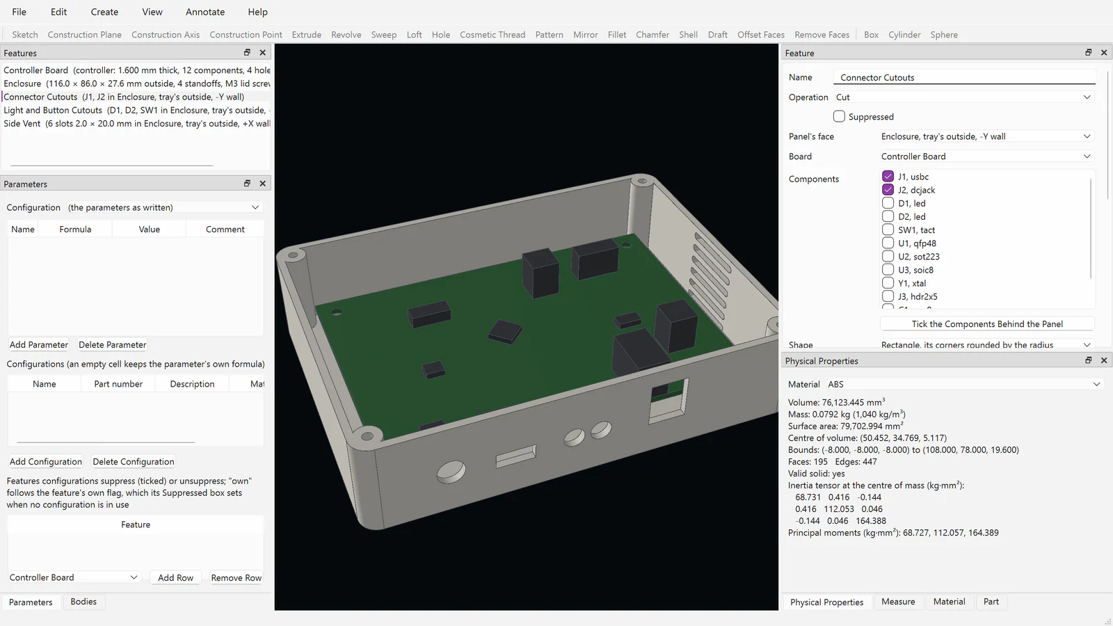 Fusion CAD’s development build on Windows: an enclosure fitted round a controller board read from IDF files, its lid hidden, with cutouts in its front wall for the USB-C connector, the DC jack, two LEDs and a button, and the Panel Cutout editor listing the board’s components