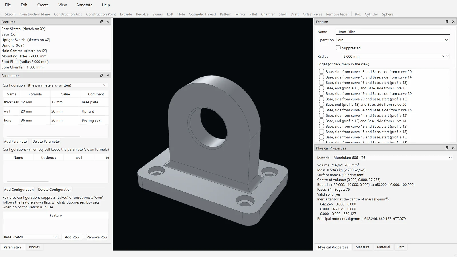 The part window with Fusion CAD’s example bracket: its feature history, its parameters for thickness, wall and bore, the Root Fillet’s editor and its physical properties in aluminium 6061-T6