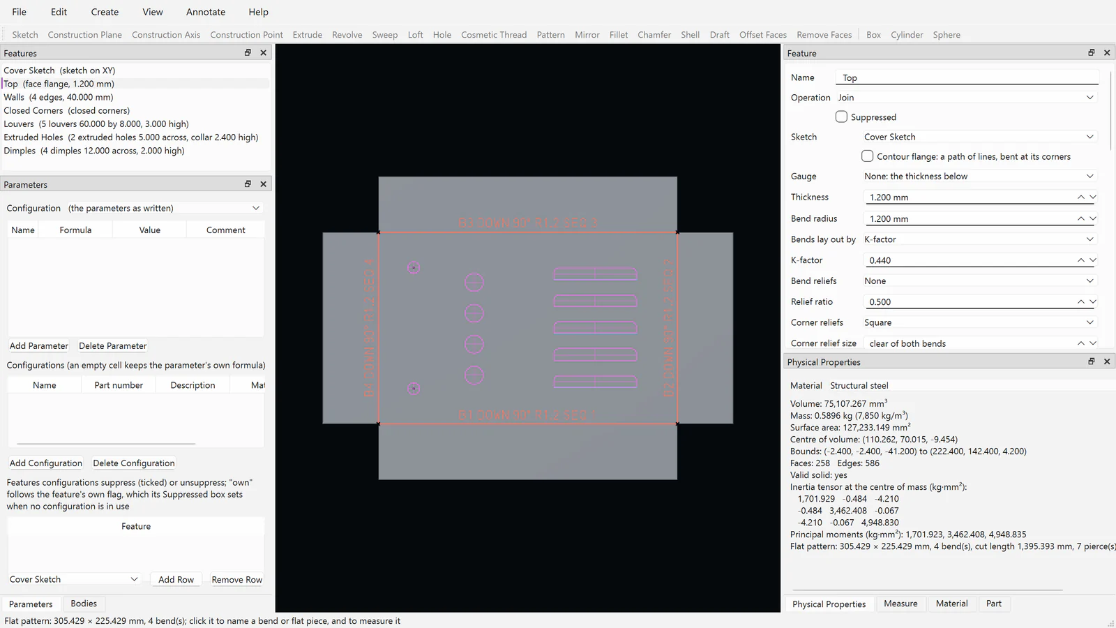 The cover laid flat in the 3D view: its four bend lines tagged with their direction, angle, radius and order, and its louvers and holes outlined