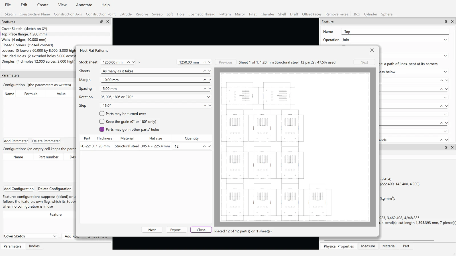 The Nest Flat Patterns window: twelve of the cover’s flat patterns nested on a 1250 by 1250 mm stock sheet, with its margin, spacing and rotation settings