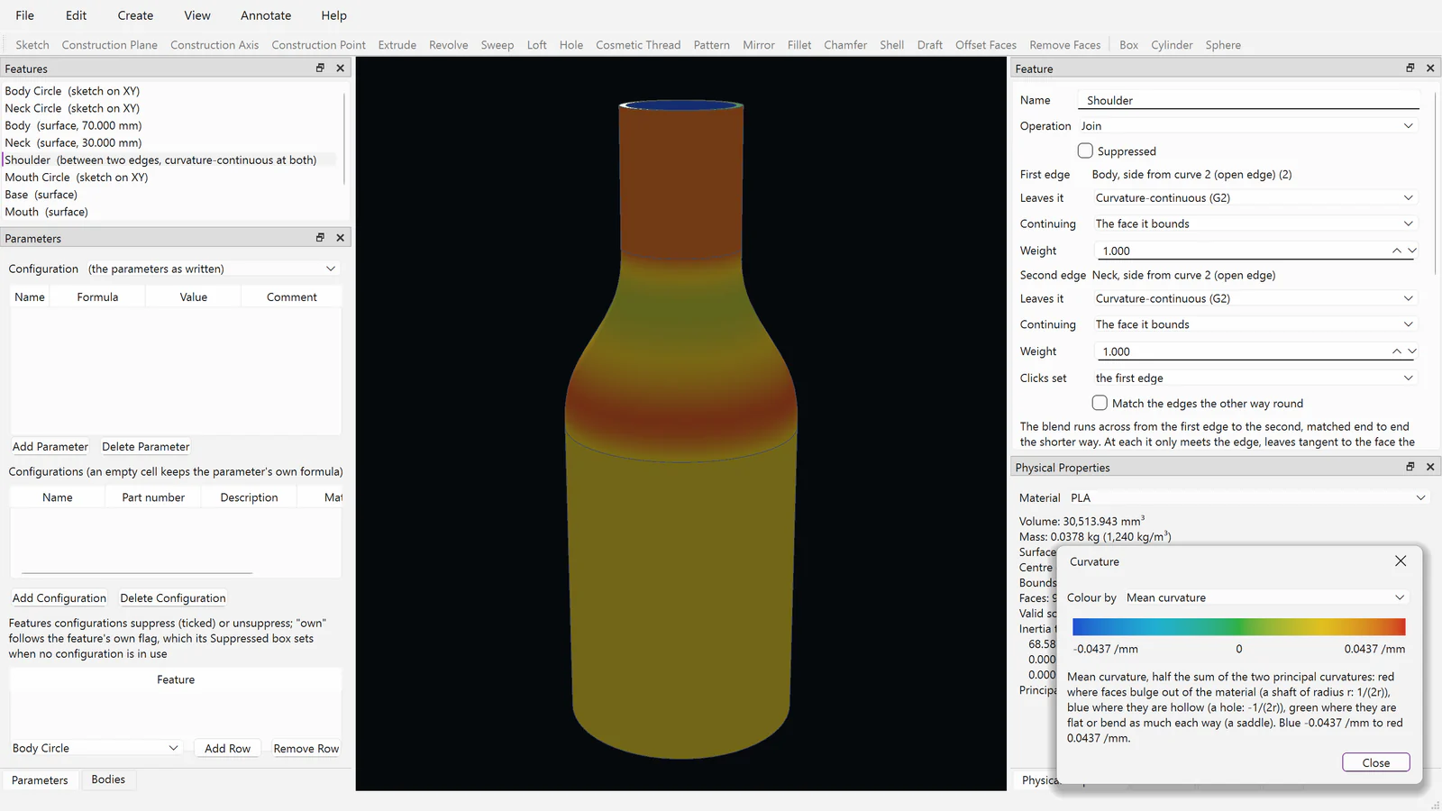 A bottle whose shoulder is a curvature-continuous blend surface between two cylinders, coloured by mean curvature from blue to red, with the Curvature window’s colour scale