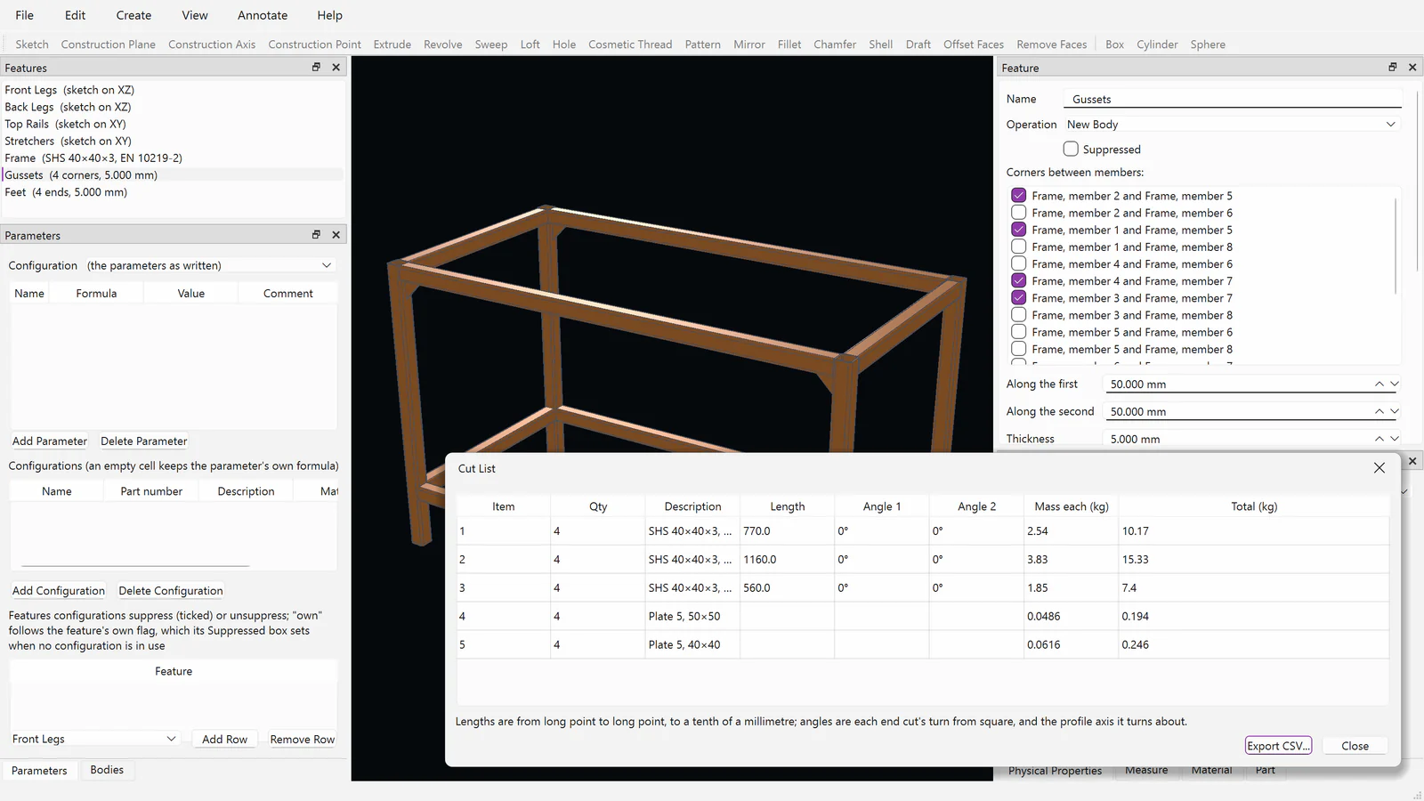 A welded bench frame of SHS 40×40×3 tube from the EN 10219-2 table, with gussets and capped feet, and its cut list giving each member’s quantity, length, end cuts and mass