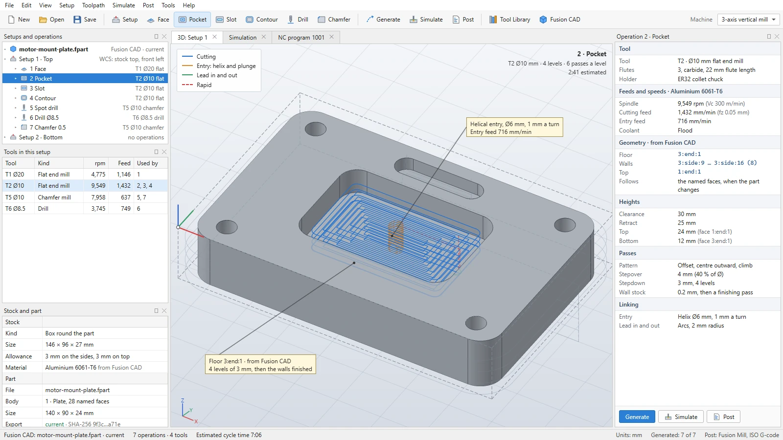 Fusion CAM design mockup with illustrative data: a motor mount plate from Fusion CAD with its pocket toolpath, the setup’s seven operations from facing to chamfering, the tools they use, and the pocket’s settings with the floor and walls chosen by their Fusion CAD face names