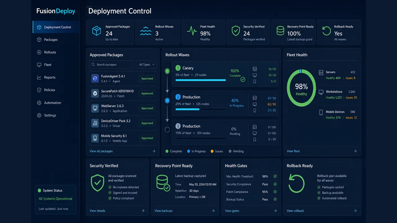 FUSION: Deploy package, rollout, health-gate, compliance, and rollback dashboard