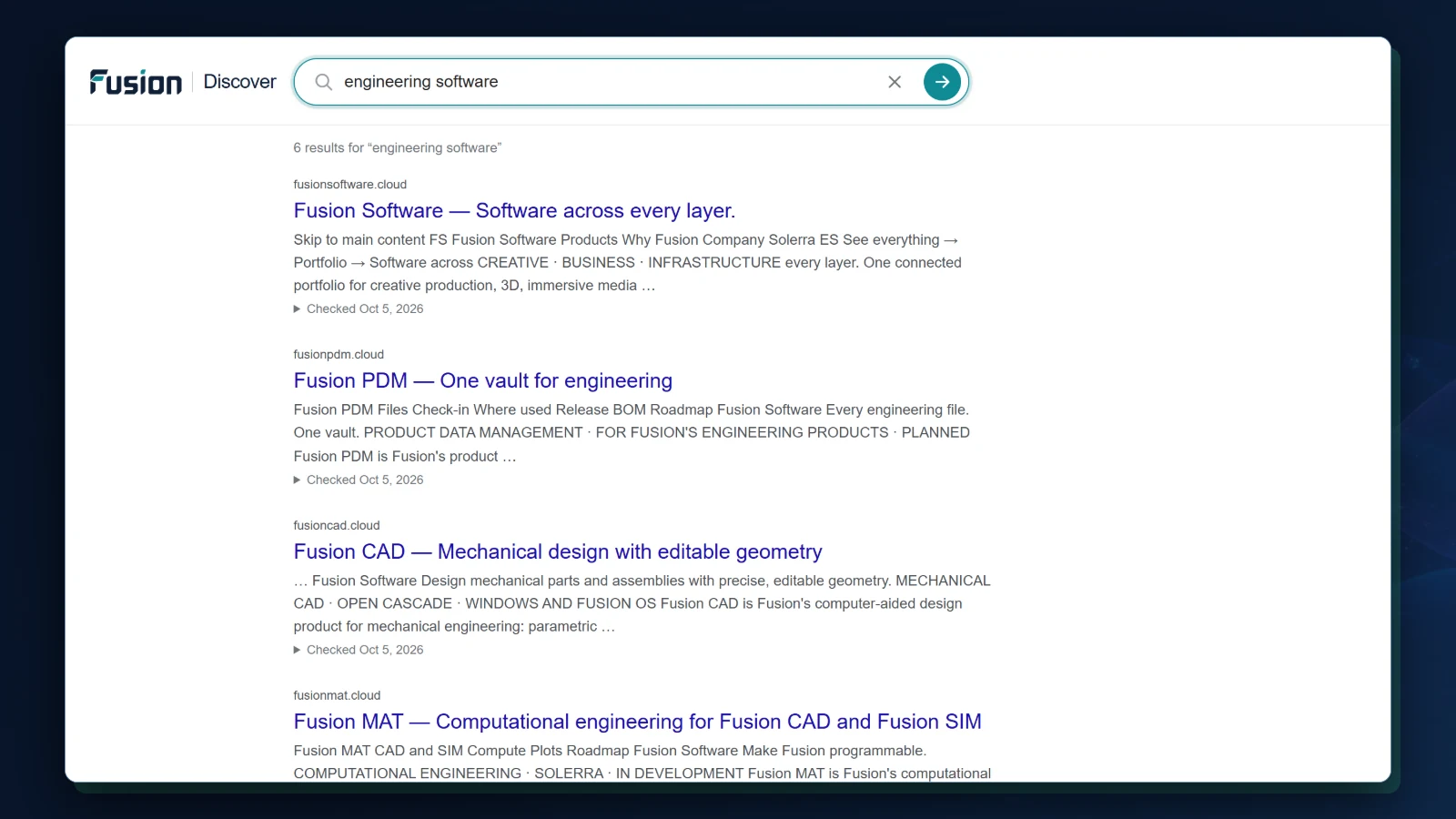 Fusion Discover at fusiondiscover.com showing six results for “engineering software”: each result with its site, title, a snippet, and the date its source was checked