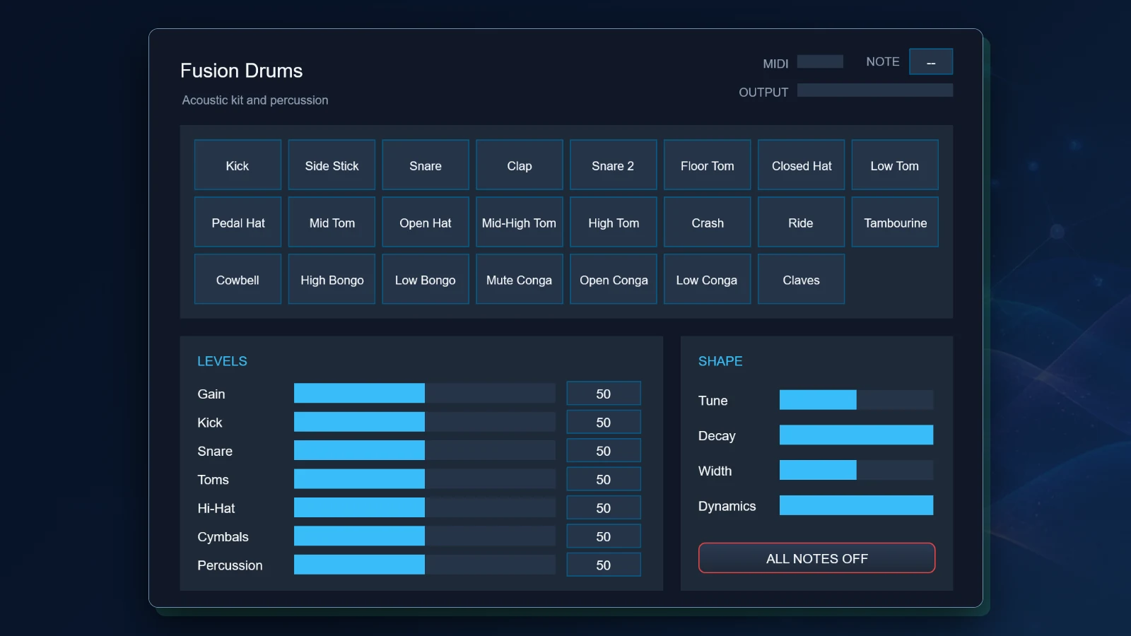 Fusion Drums in a development build on Windows: pads for kick, snares, toms, hi-hats, cymbals, and percussion above level sliders for each group and controls for tune, decay, width, and dynamics