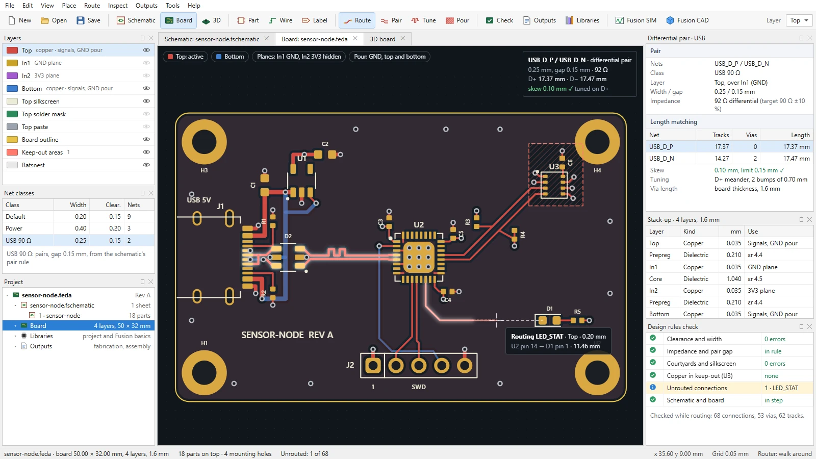 Fusion EDA design mockup with illustrative data: a 4-layer sensor board in the board editor, with a net being routed, the USB lines highlighted as a 90 Ω differential pair tuned to matching lengths, and the layers, net classes, stack-up, and design rules check beside it