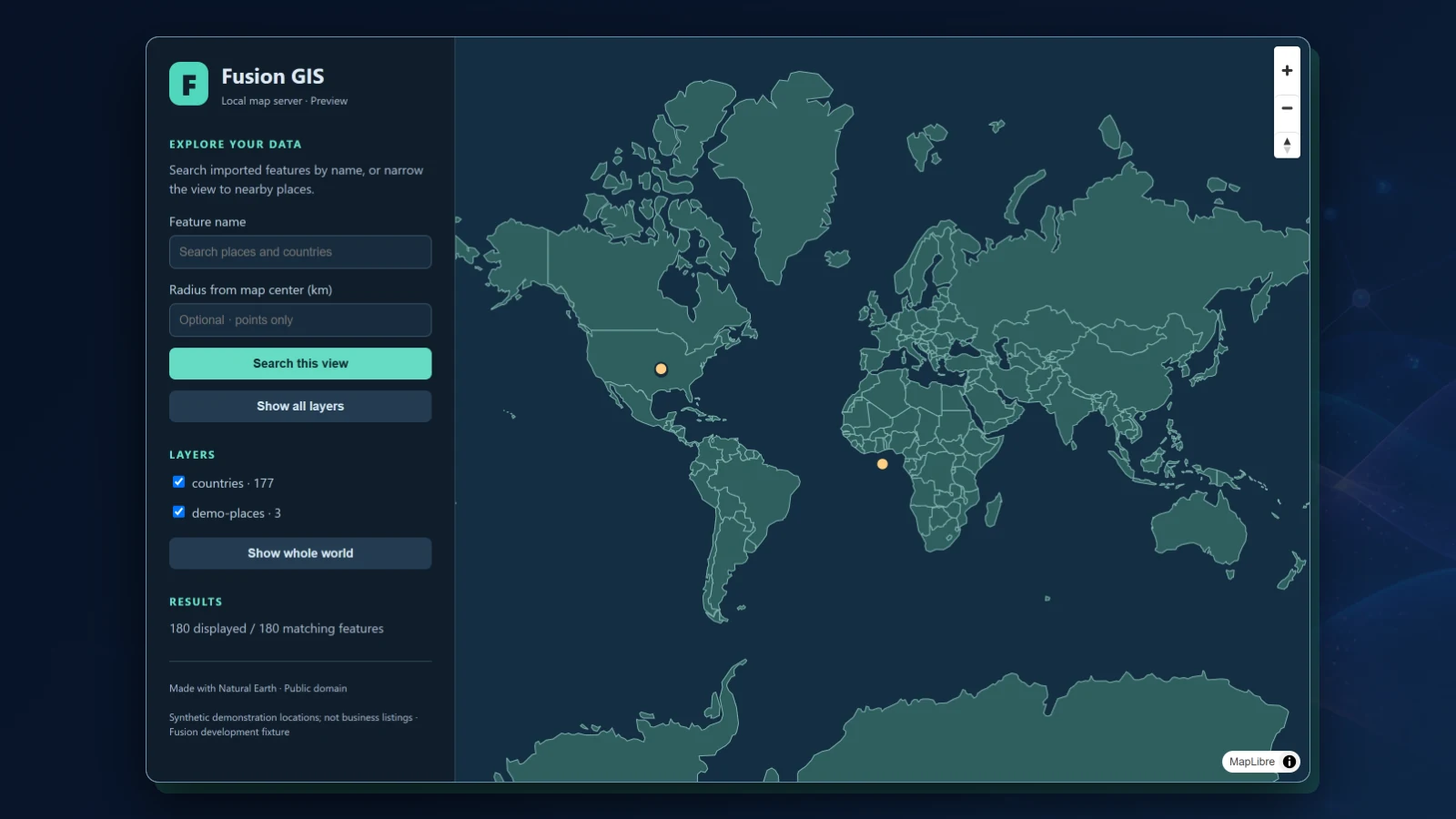 Fusion GIS’s browser preview in a development build of October 7: a world map of 177 country outlines from Natural Earth and three made-up demonstration points, beside a panel to search features by name or by distance from the map’s center, the list of layers, and each layer’s attribution and license