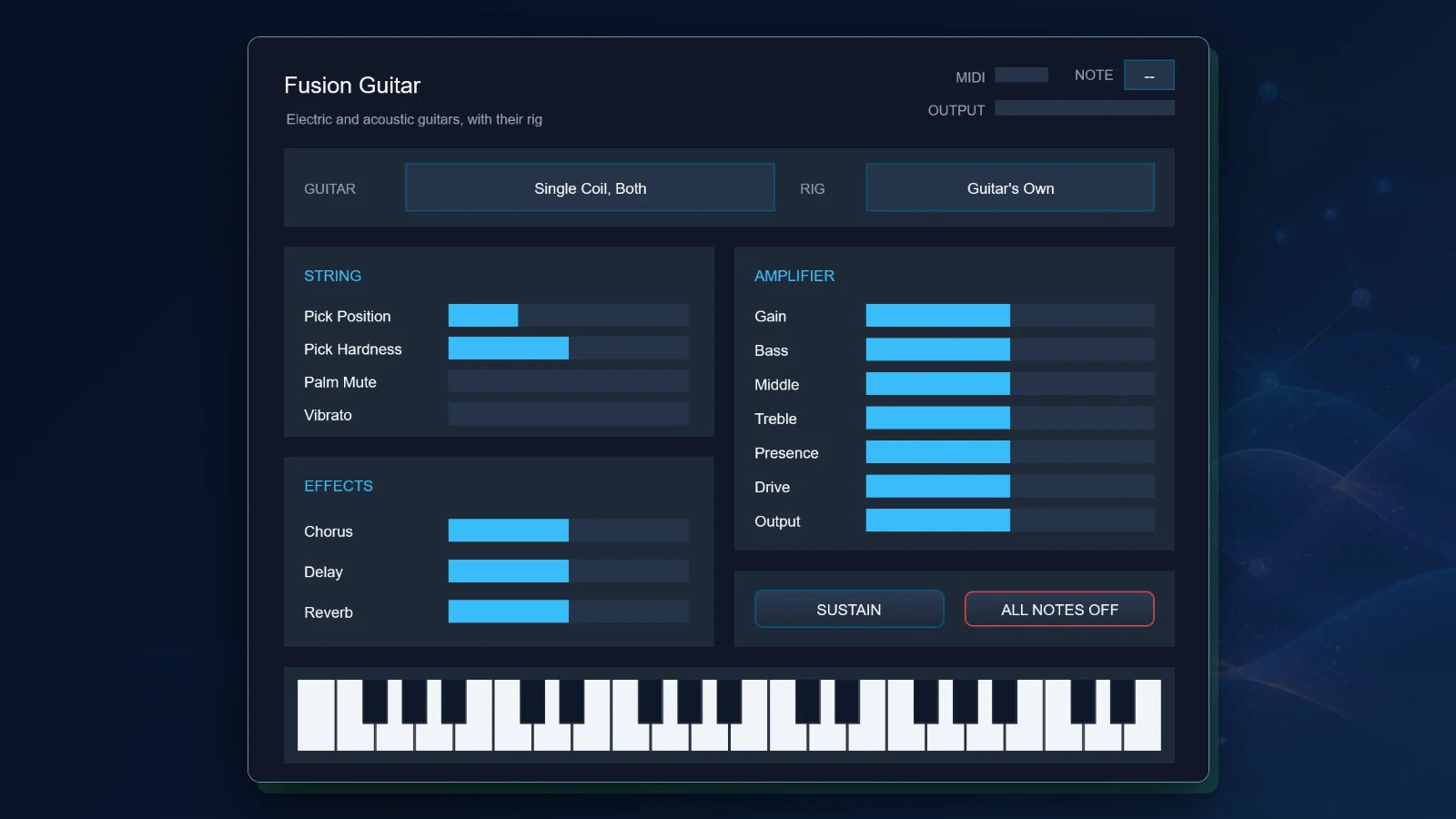 Fusion Guitar in a development build on Windows: a choice of guitar and rig above controls for the string, the amplifier, and chorus, delay, and reverb, and a keyboard to play it
