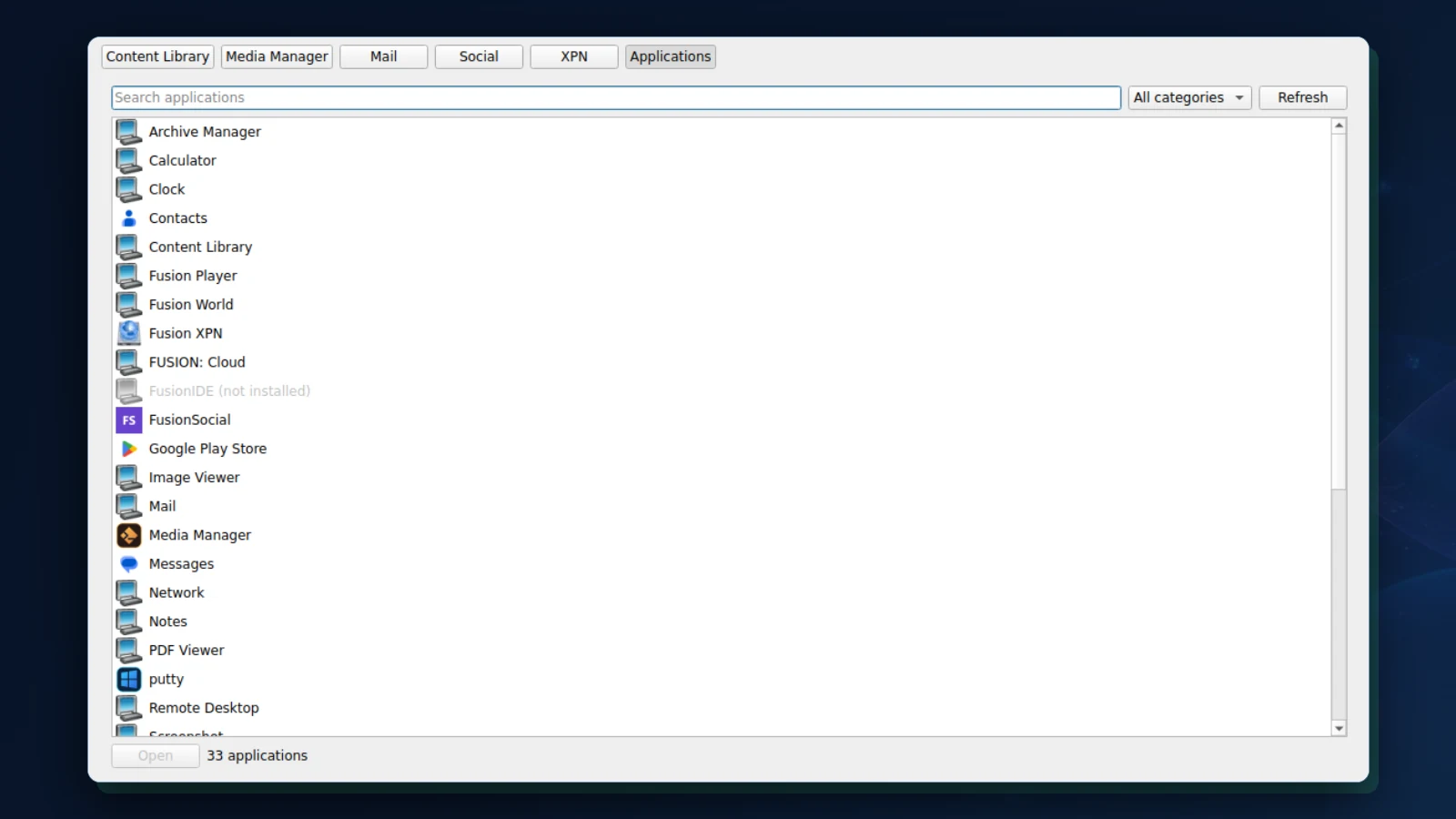 Fusion Hub in a development build on the Fusion OS desktop: workspace tabs for Content Library, Media Manager, Mail, Social, XPN, and Applications, with the Applications workspace listing 33 applications to search and open