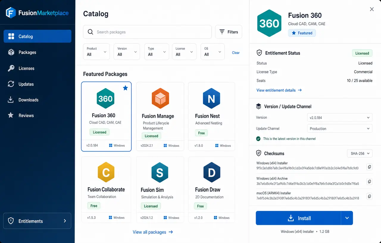 FUSION: Marketplace dashboard with packages, releases, compatibility, and updates