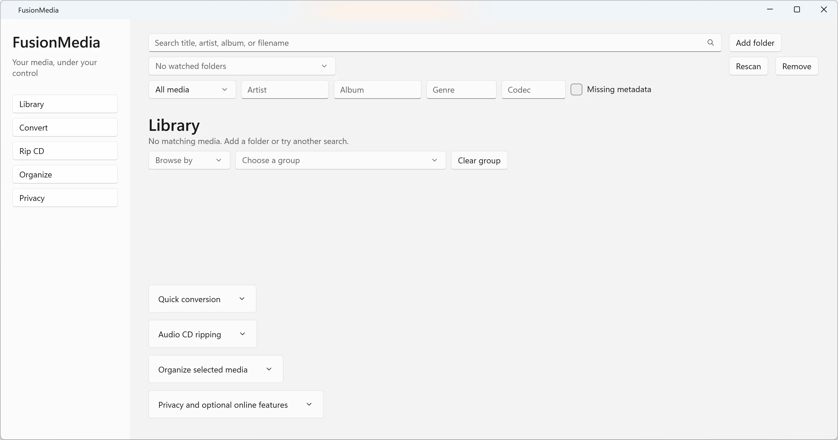 FUSION: Media Manager local library with search, filters, conversion, organization, and privacy controls