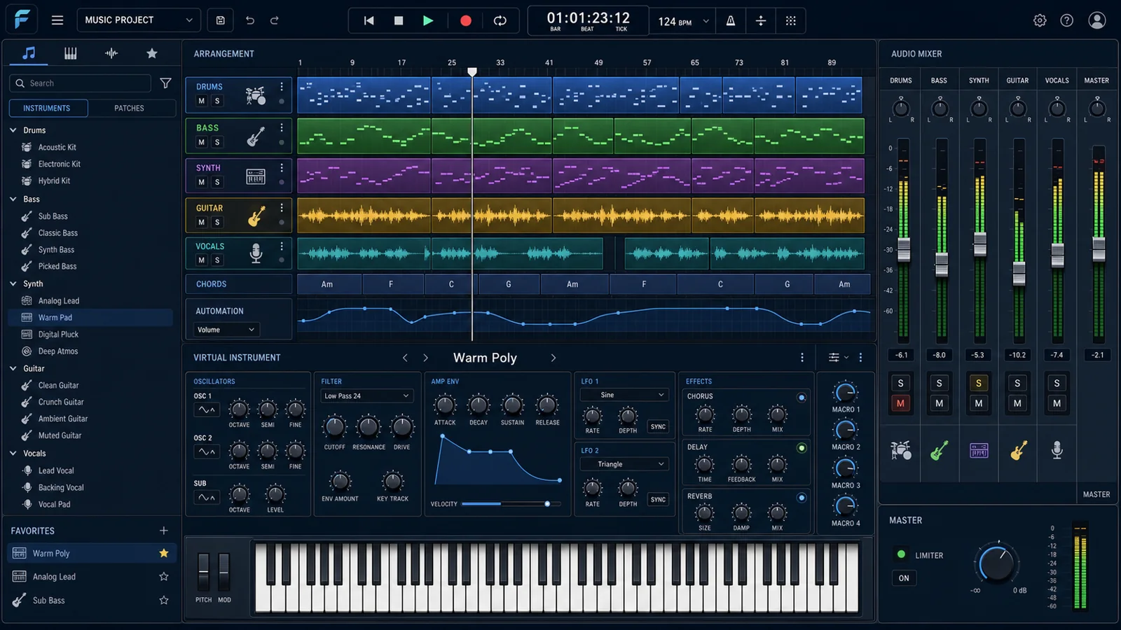 FUSION: Music production studio with arrangement, instruments, synthesis, effects, and multitrack mixing