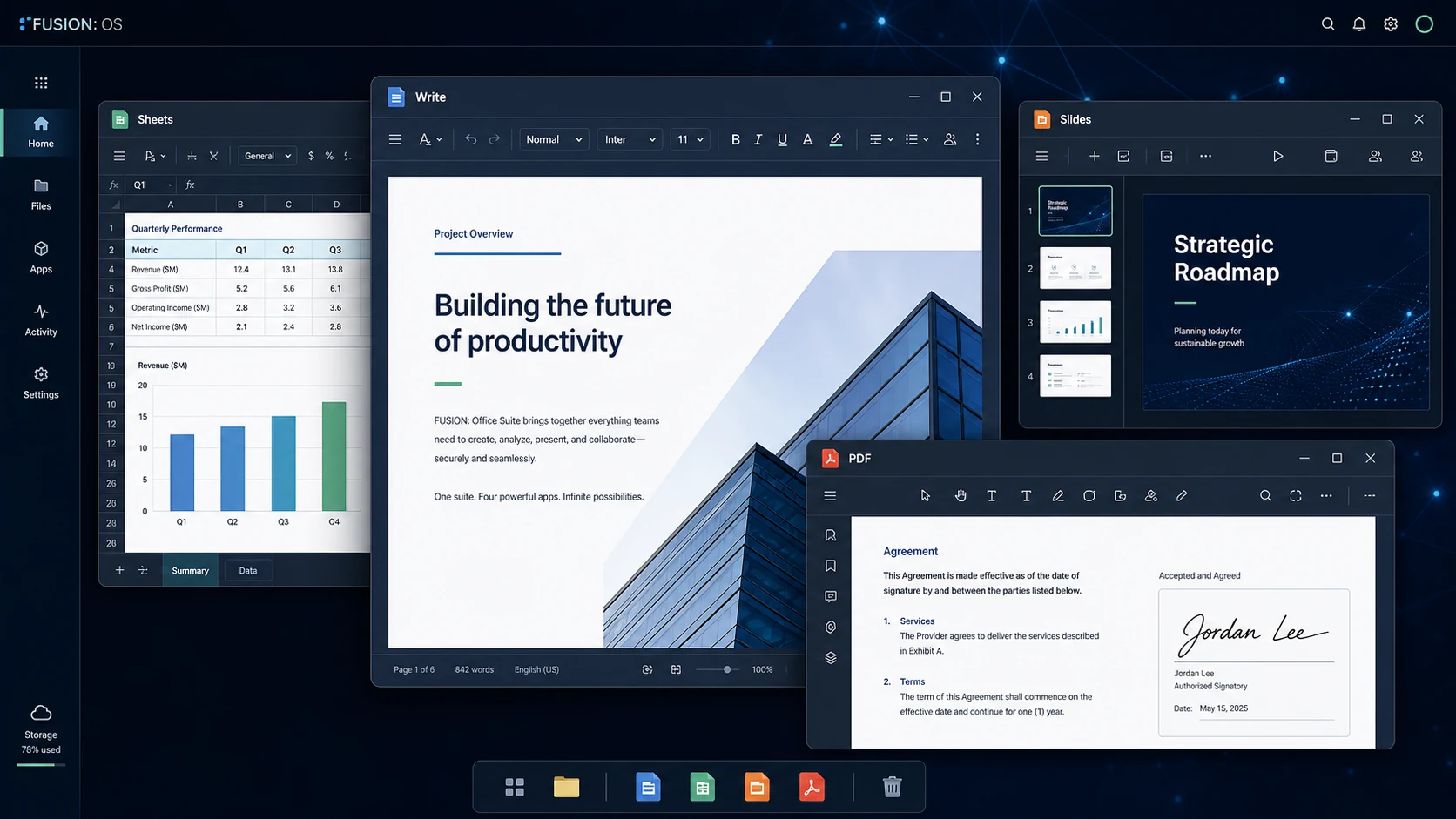 FUSION: Office Suite workspace showing Write, Sheets, Slides, and PDF applications in FUSION: OS