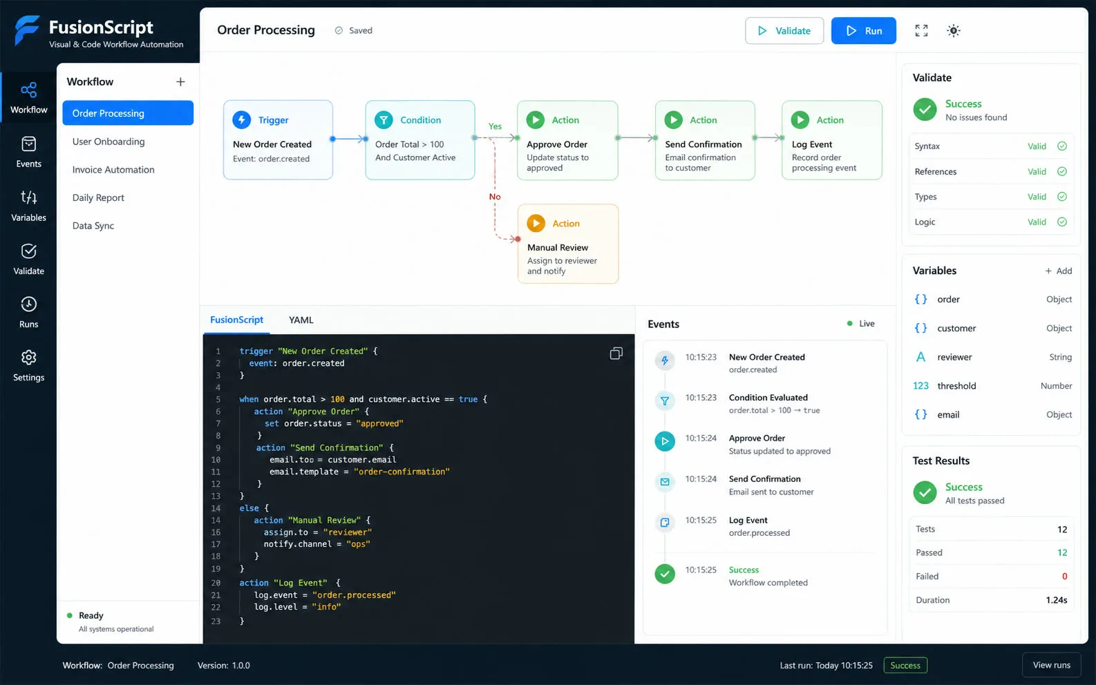 Fusionscript visual workflow and source workspace