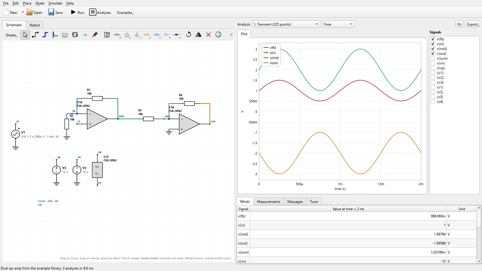 Two inverting stages made from the two amplifier units of one dual op-amp placed from a part library, with its separate supply unit, beside the input, middle, and output voltages over time