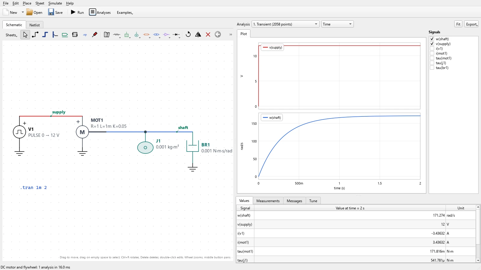 A 12 V supply driving a DC motor, a flywheel, and friction in one schematic, beside plots of the supply voltage and the shaft speed rising to 171 rad/s