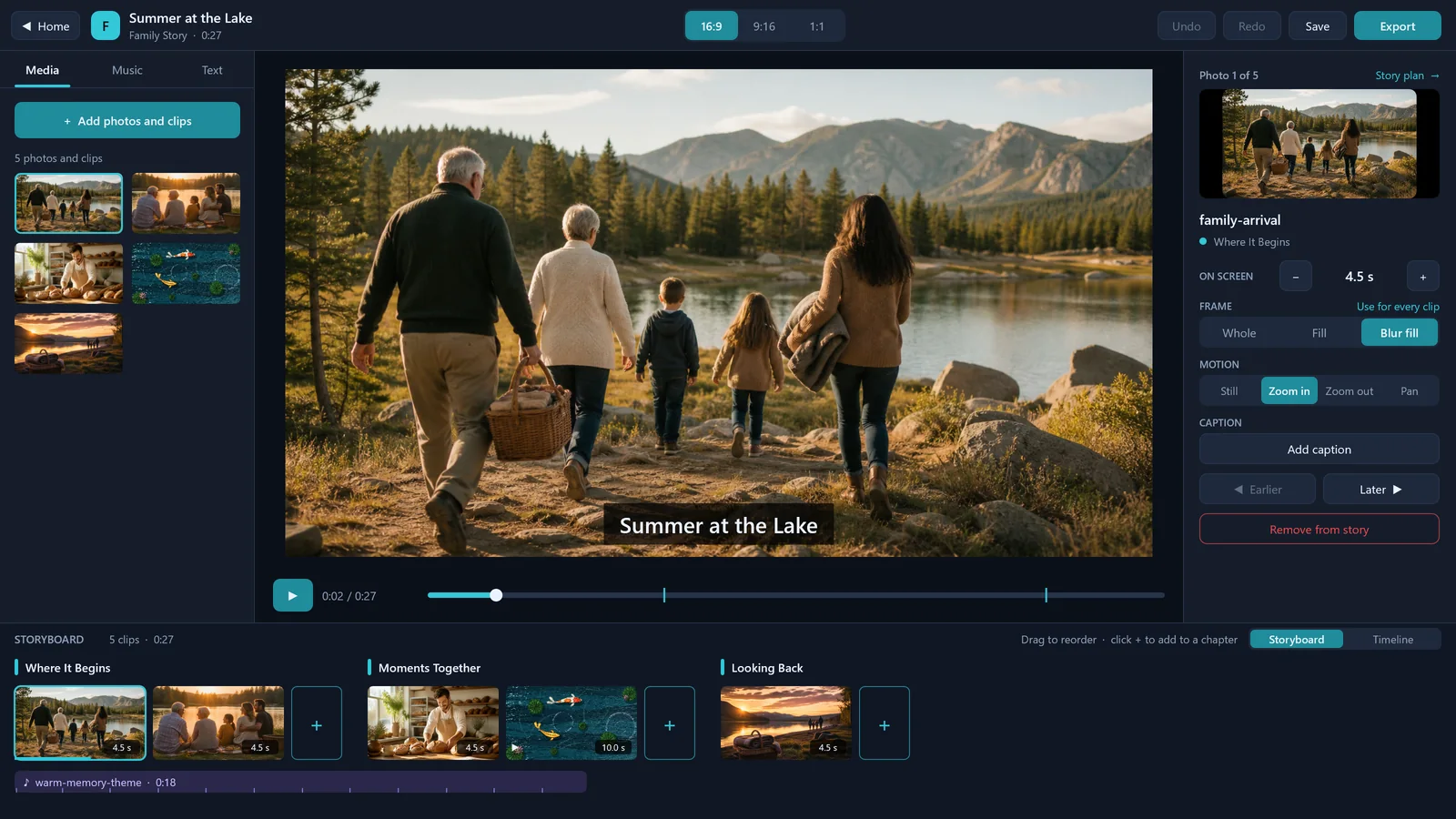 Fusion Story’s development build on Windows: a family story’s first cut, its title on the first photo as it zooms in slowly, the photo’s length, frame and motion in the inspector, and the storyboard’s three chapters over the music