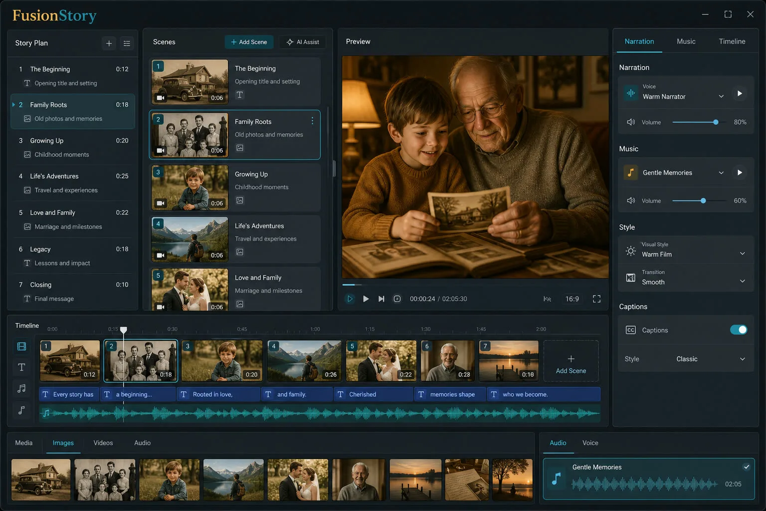 FUSION: Story editor with scenes, media, preview, and timeline