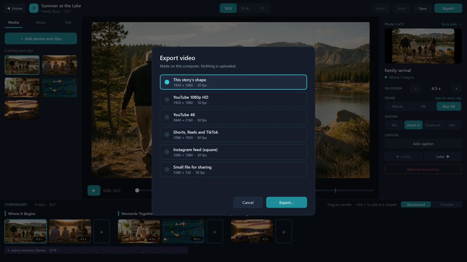 The export dialog: the story’s own shape, YouTube 1080p and 4K, Shorts, Reels and TikTok, the Instagram feed and a small file, made on the computer with nothing uploaded