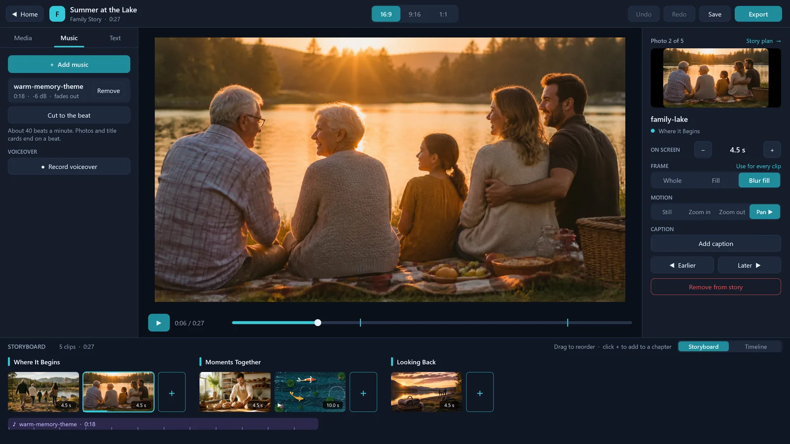 The Music tab: the song’s level and fade, Cut to the beat, and Record voiceover, beside a photo panning across the preview