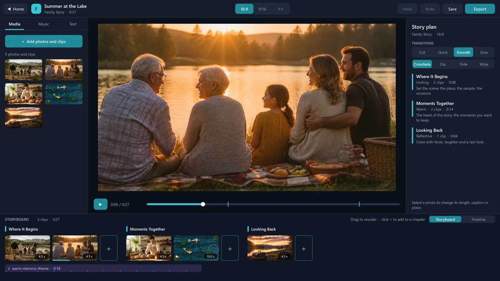 The story plan beside the preview: transitions for the whole story, and each chapter’s mood, clips, length and purpose