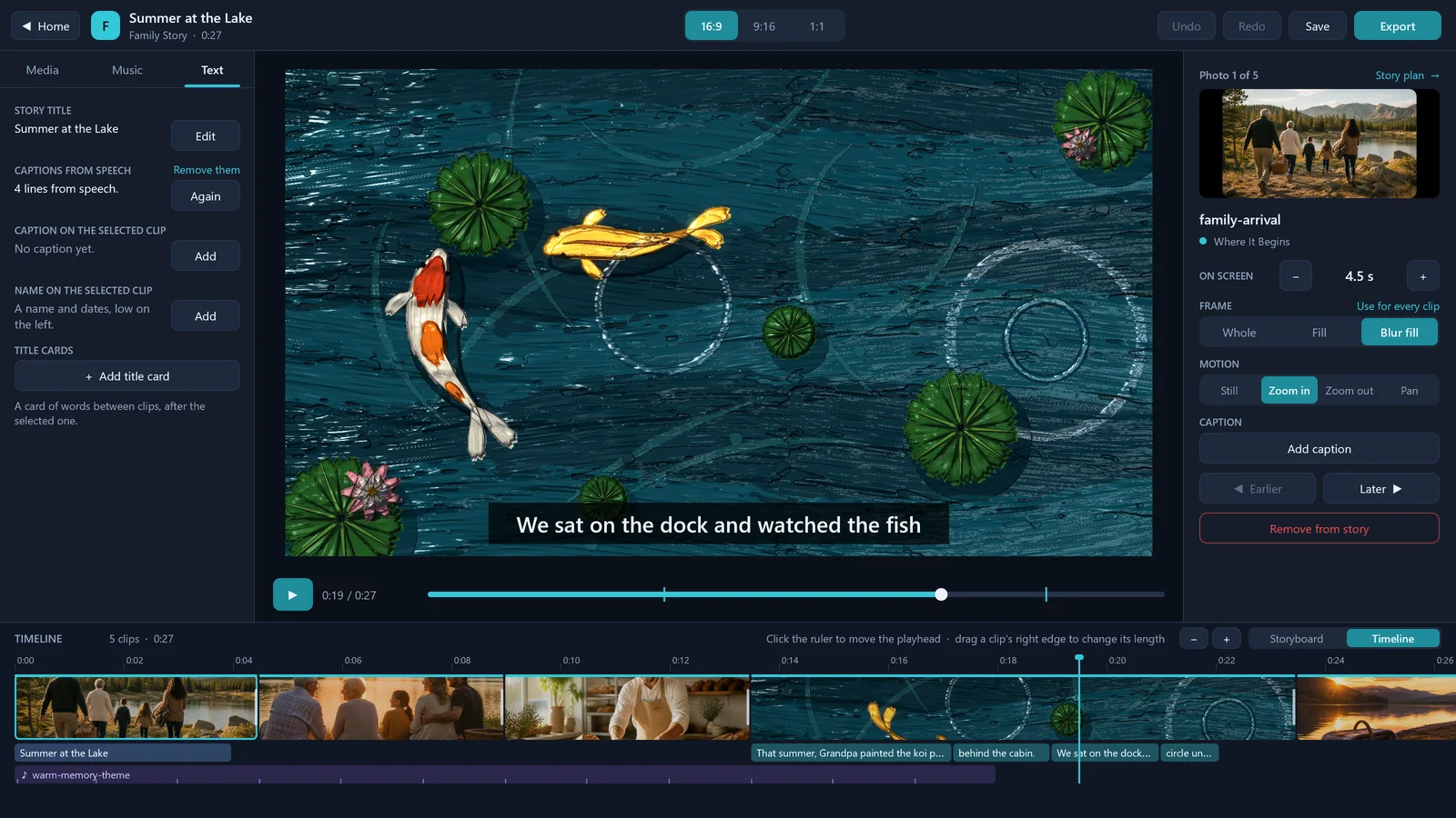 The timeline: clips in proportion to time, the title, four caption lines Fusion Story heard in a clip’s narration on the device, and the music under them