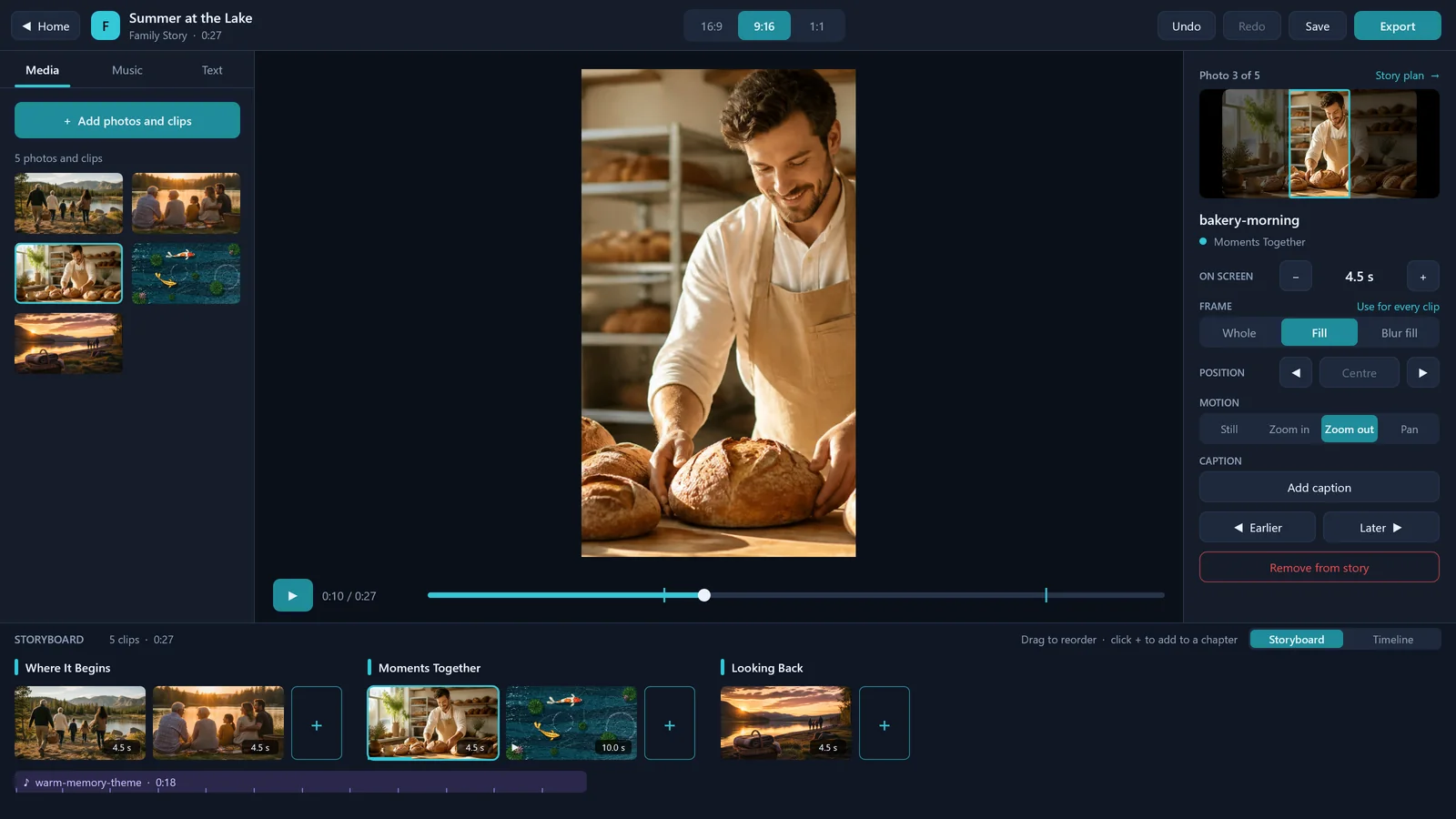 The story switched to 9:16 for Shorts and Reels: a photo cropped to fill, with the part in the frame outlined on the whole picture in the inspector