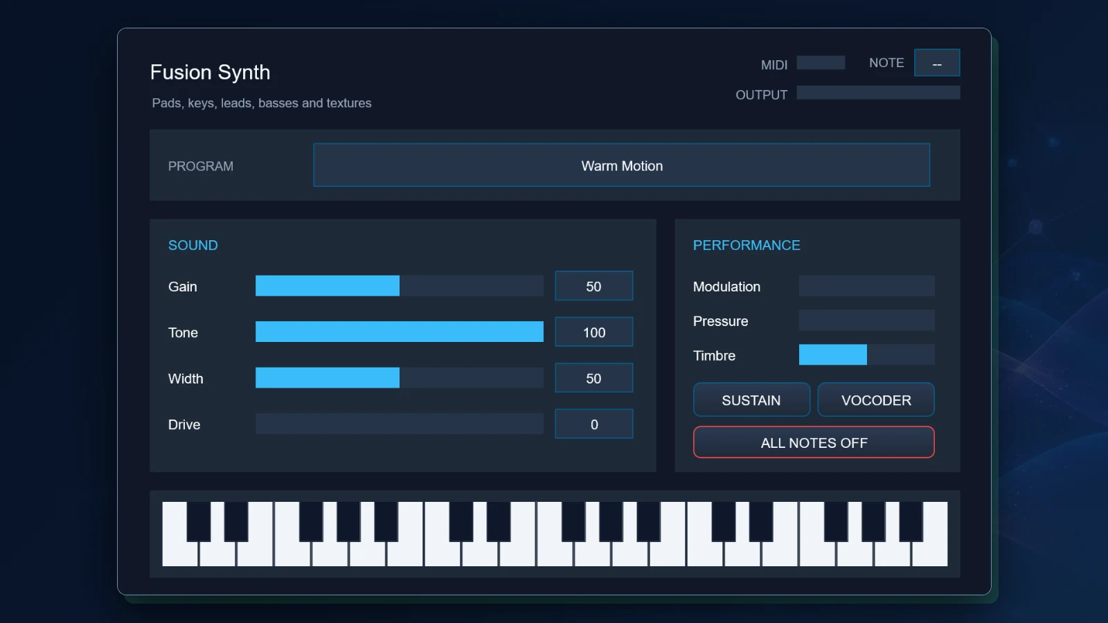 Fusion Synth in a development build on Windows: a choice of patch above its controls, and a keyboard to play it